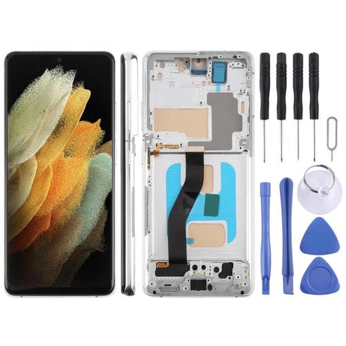 Pantalla LCD TFT de 6,66 pulgadas para Samsung Galaxy S21 Ultra SM-G998B, digitalizador completo con marco, sin identificación de huellas dactilares (plateado)