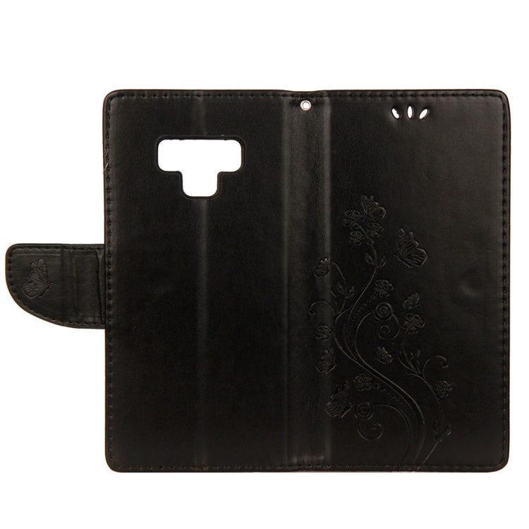 Estuche de cuero con tapa horizontal con patrón de mariposa en relieve con ranura para tarjeta, soporte, billetera y cordón para Galaxy Note9 (negro)