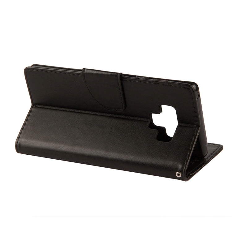 Estuche de cuero con tapa horizontal con patrón de mariposa en relieve con ranura para tarjeta, soporte, billetera y cordón para Galaxy Note9 (negro)