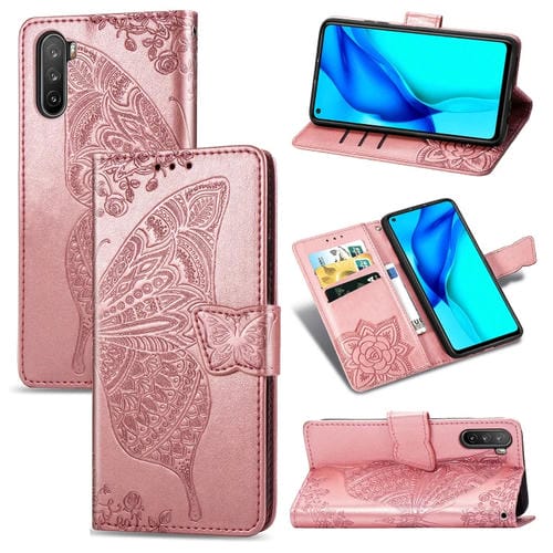 Para Huawei Mate 40 Lite / Maimang 9 Butterfly Love Flower Funda de cuero con tapa horizontal en relieve con soporte, ranuras para tarjetas, billetera y cordón (oro rosa)