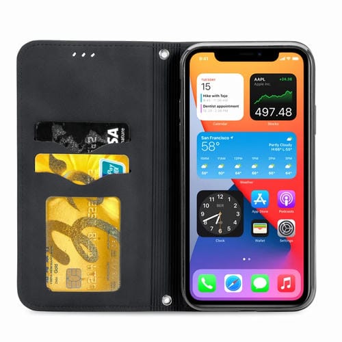 Funda para iPhone 12 Mini Cuero Retro Skin Feel con Tapa Horizontal Magnética Soporte Ranuras Tarjetas Billetera Marco Fotos (Negro)
