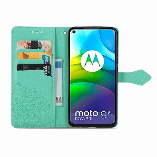 Para Motorola G9 Power Mandala Flower Flower Horizontal Flip Funda de cuero con soporte y tragamonedas de tres tarjetas y billetera y cordón (verde)