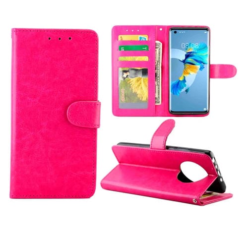Funda protectora con tapa horizontal de cuero con textura de caballo loco para Huawei Mate 40 con soporte, ranuras para tarjetas, billetera y marco de fotos (rosa roja)