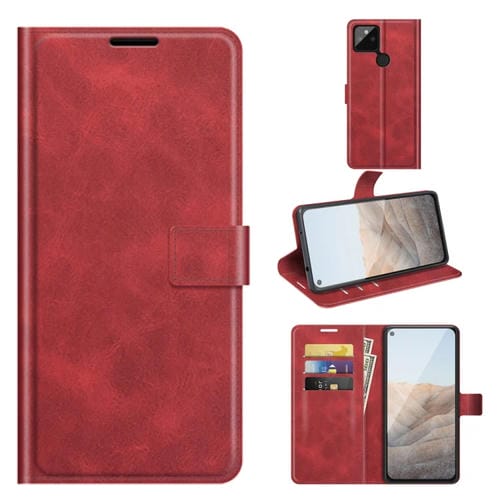 Para Google Pixel 5A Retro Becerro patrón Hebilla Horizontal Flip Funda de cuero con soporte y ranuras para tarjetas y billetera (rojo)