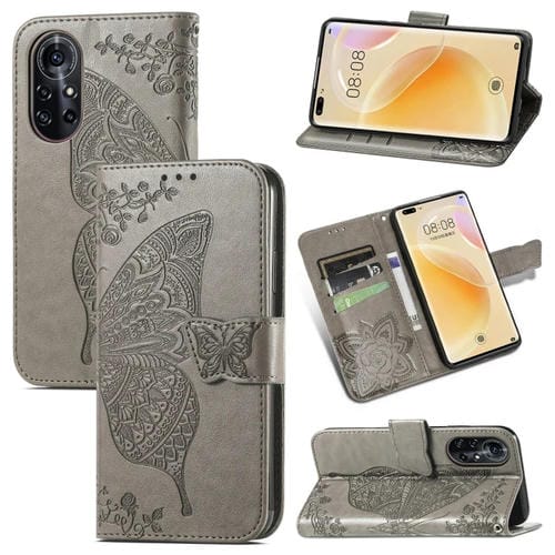 Para Huawei Nova 8 Pro Butterfly Love Flower Horizontal Flip Funda de cuero con Soporte y Tarjeta Slot & Wallet & Lanyard (Gray)