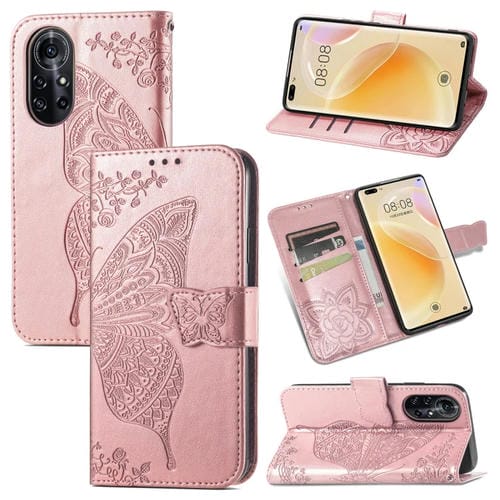 Para Huawei Nova 8 Pro Butterfly Love Flowe Flessed Horizontal Flip Funda de cuero con soporte y tarjeta Slot & Wallet & Lanyard (oro rosa)