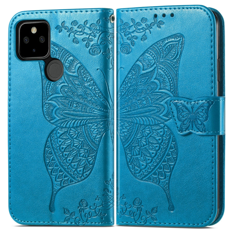 Para Google Pixel 5A Butterfly Love Flower Horizontal Flip Funda de cuero con soporte y ranura para tarjeta y billetera y cordón (azul)