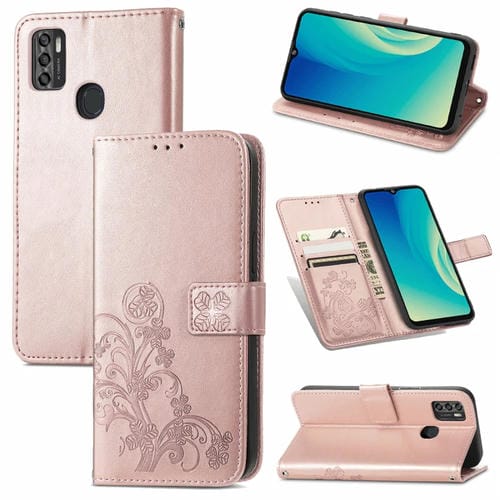 Para ZTE A7S 2020 Cierre de cuatro hojas con hebilla en relieve Protección de teléfono móvil Funda de cuero con cortante y ranura de tarjeta y función de soporte y soporte (oro rosa)