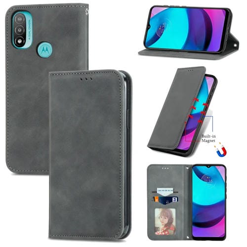 Para Motorola Moto E20 retro piel sensación de cuero horizontal magnético Funda de cuero con soporte y ranuras para tarjetas y marco de fotografía (gris)