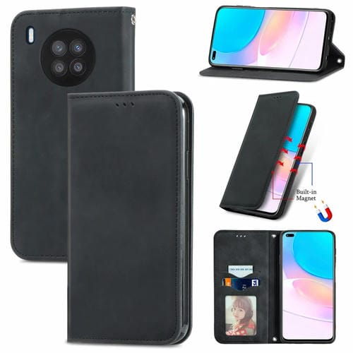 Para Huawei Nova 8i retro piel sensación de cuero horizontal magnético Funda de cuero con soporte y ranuras para tarjetas y marco de fotografía (negro)