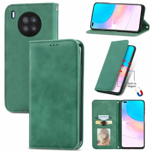 Para Huawei Nova 8i retro piel sensación de cuero horizontal magnético Funda de cuero con soporte y ranuras para tarjetas y marco de fotografía (verde)