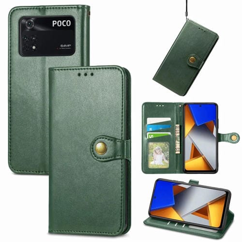 Para Xiaomi Poco M4 Pro Retro Color Sólido Hebilla de cuero Funda telefónica (verde)