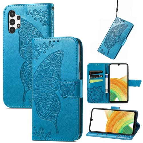 Para Samsung Galaxy A13 4G mariposa amor estuche de cuero en relieve (azul)