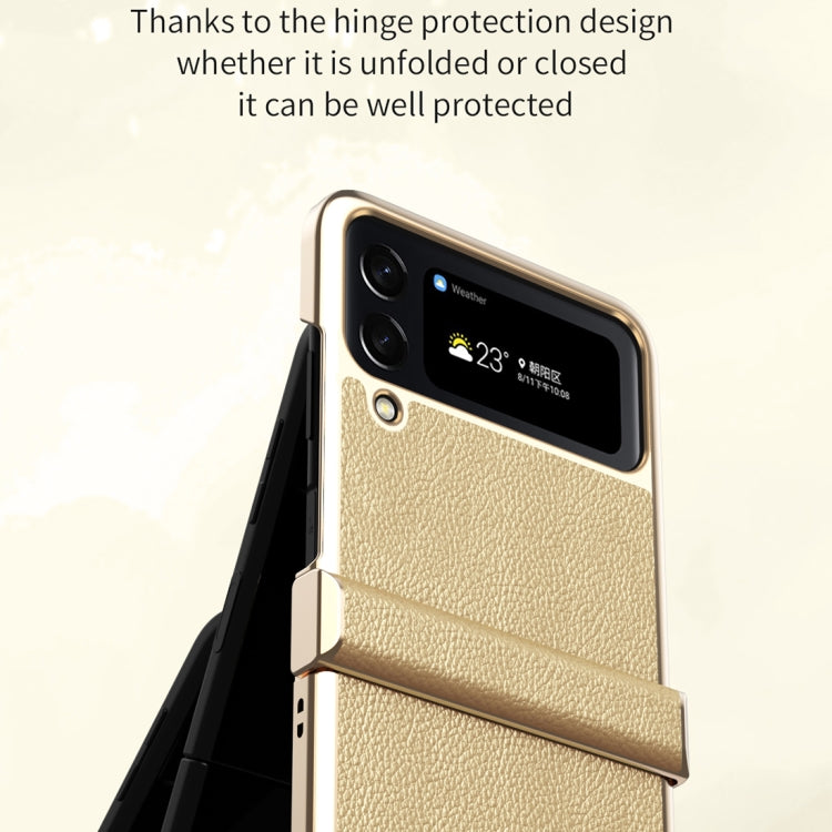 Para Samsung Galaxy Z Flip4 Litchi Texture Leather Metal Frame Bisagra Phone Case (Blanco)