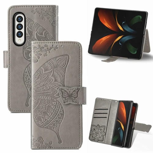 Estuche para teléfono Samsung Galaxy Z Fold4 Butterfly Love Flower Cuero Tapa Horizontal En Relieve (Gris)