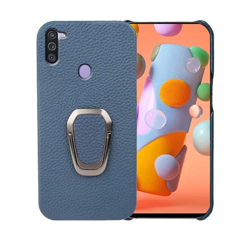Para Samsung Galaxy A11 US Version Ring Holder Litchi Texture Funda de teléfono de cuero genuino (Azul)