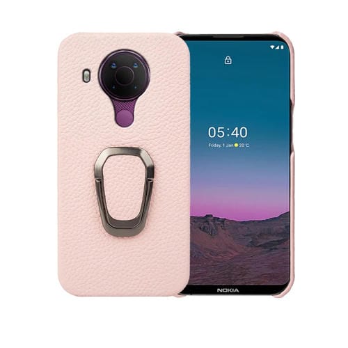 Para Nokia 5.4 Ring Holder Litchi Texture Funda de teléfono de cuero genuino (rosa)