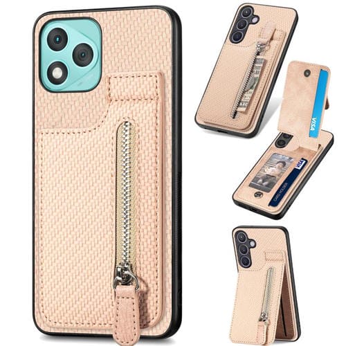 Funda de fibra de carbono con tapa vertical y cremallera para Honor 400 Lite (caqui)