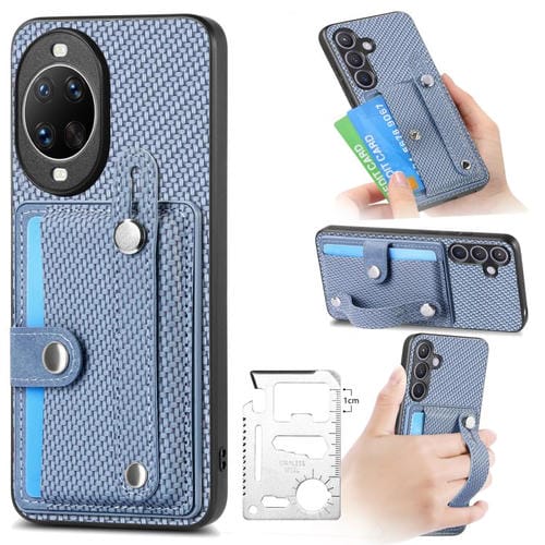 Funda trasera para Huawei nova 14 Pro con correa de muñeca, soporte para tarjetas, billetera y cuchillo (azul)