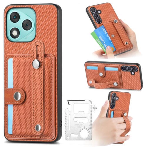 Funda para teléfono con correa de muñeca y soporte para tarjetas, billetera y cuchillo para Honor 400 Lite (marrón)