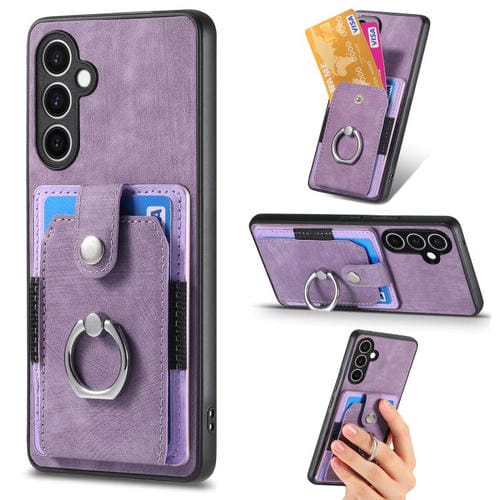 Funda tipo cartera con anillo y tarjetero para Samsung Galaxy S24 FE 5G, estilo retro, con tacto de piel (morado)