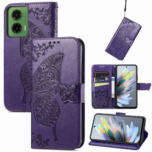 Funda de Cuero con Relieve Mariposa y Flor para Motorola Moto G35 (Morado Oscuro)
