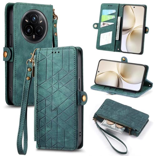 Funda de Cuero con Hebilla Lateral y Cremallera Geométrica para Realme 14 Pro+ (Verde)