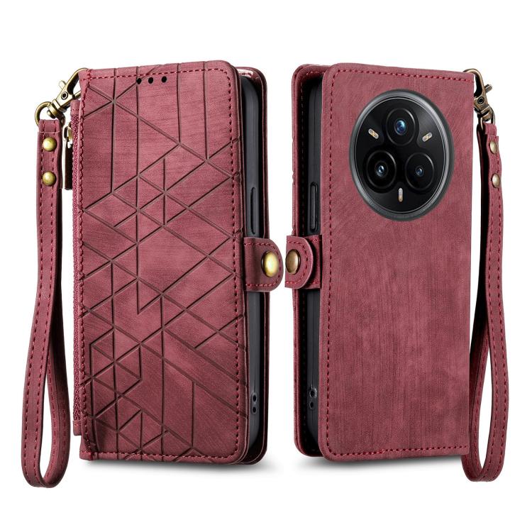 Funda de Cuero con Hebilla Lateral y Cremallera Geométrica para Realme 14 Pro+ (Roja)