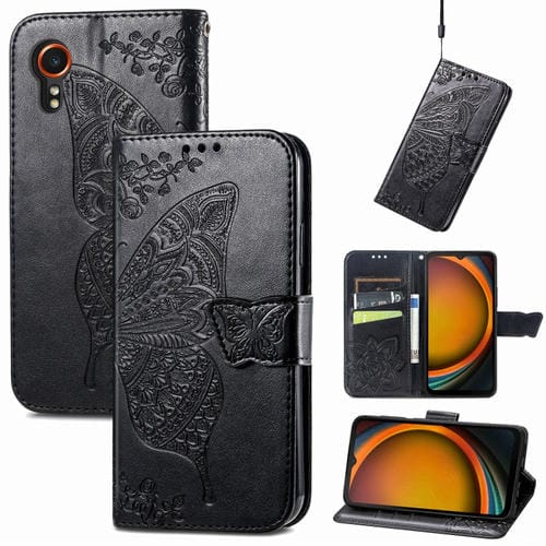 Funda para Teléfono Samsung Galaxy Xcover 7 Cuero Relieve Flor de Amor y Mariposa (Negro)