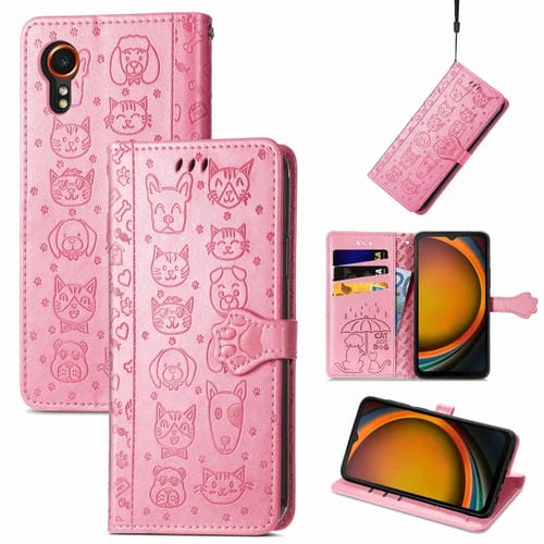 Funda para Teléfono Samsung Galaxy Xcover 7 Cuero Relieve de Perro y Gato (Rosa)