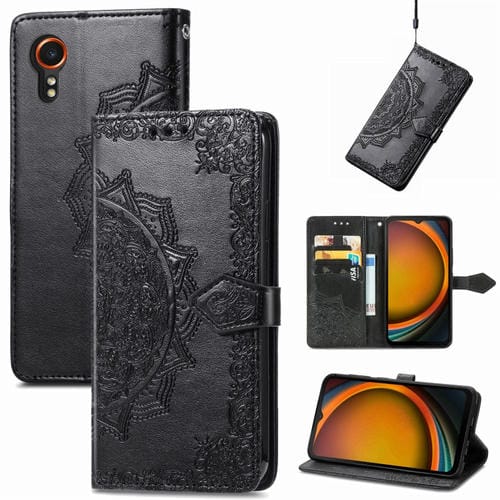 Funda para Teléfono Samsung Galaxy Xcover 7 Cuero Relieve Flores Mandala (Negro)