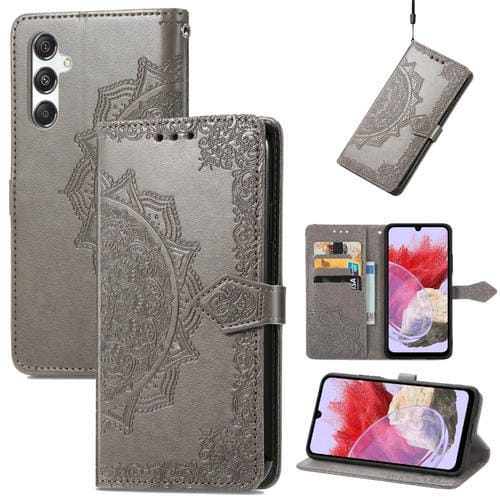 Funda para Teléfono Samsung Galaxy M34 5G Cuero con Relieve Flor de Mandala (Gris)