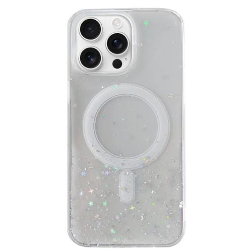 Funda híbrida de TPU transparente con purpurina MagSafe para iPhone 16 Pro Max (blanca)