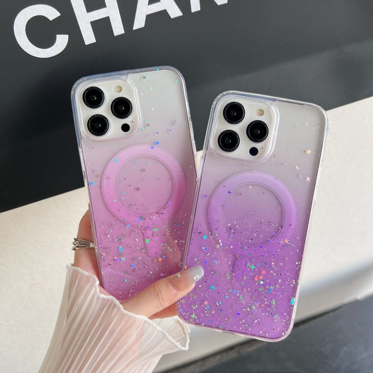 Funda híbrida de TPU transparente con purpurina MagSafe para iPhone 16e (morada)