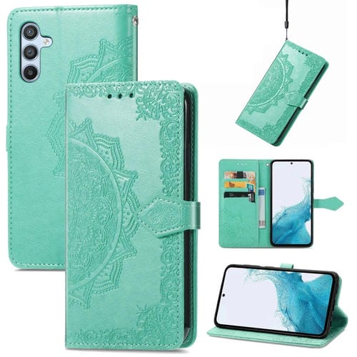 Funda de Cuero Samsung Galaxy A36 5G con Relieve de Flor de Mandala (Verde)