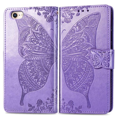 Funda de Cuero para iPhone 16E con Relieve de Mariposa y Flor (Lavanda)