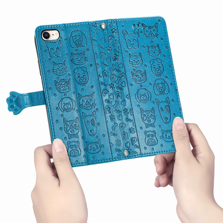 Funda de Piel con Relieve de Gato y Perro para iPhone 16E (Azul)
