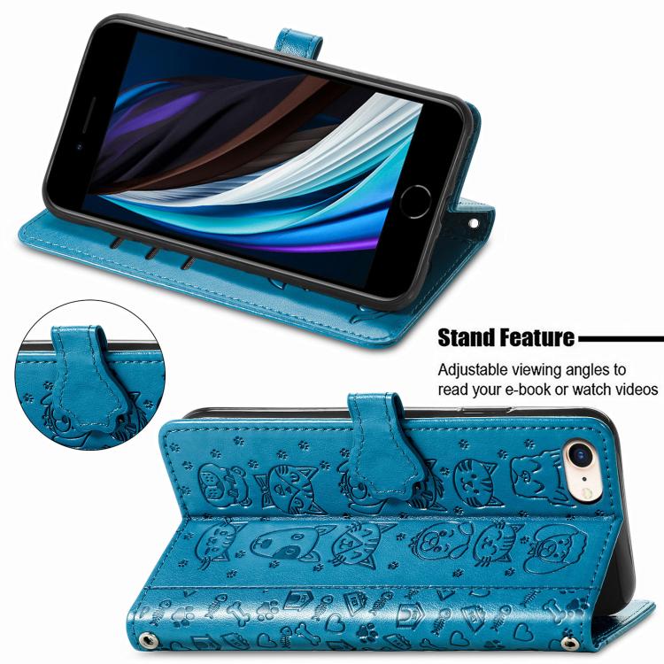 Funda de Piel con Relieve de Gato y Perro para iPhone 16E (Azul)