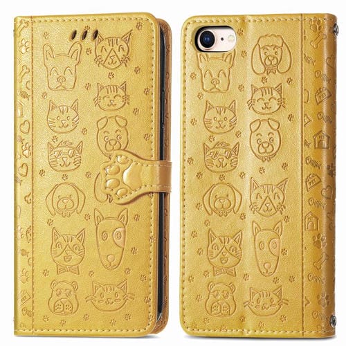 Funda de Piel con Relieve de Gato y Perro para iPhone 16E (Amarilla)