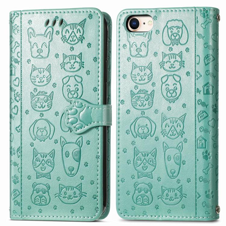 Funda de Piel para iPhone 16E con Estampado de Gato y Perro (Verde)
