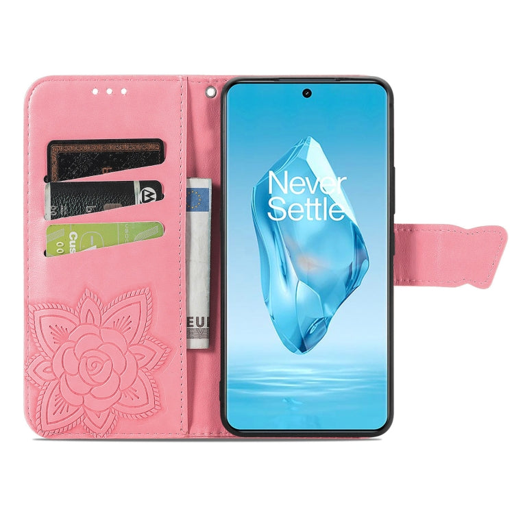 Funda de Cuero para OnePlus Ace 3 Pro con Relieve de Mariposa y Flor (Rosa)
