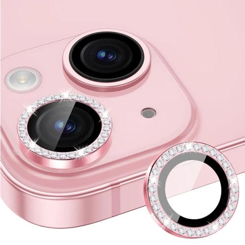 Película de Vidrio Enkay para iPhone 15/15 Plus Lente de Cámara con Anillo de Diamante Antirreflectante (Rosa) - MOVILSTORE