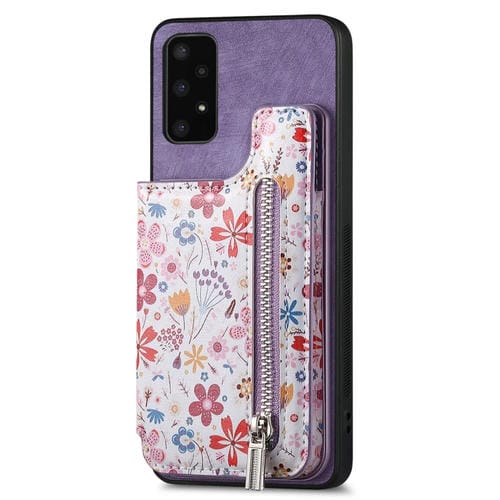 Estuche para Teléfono Samsung Galaxy A14 4G / 5G con Billetera y Cremallera Pintada Retro (Púrpura)