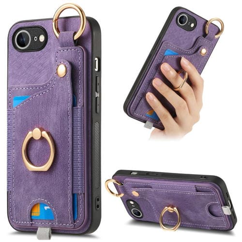 Funda para Teléfono iPhone 16E con Anillo y Tarjetero Estilo Retro con Asa para Colgar (Morado)