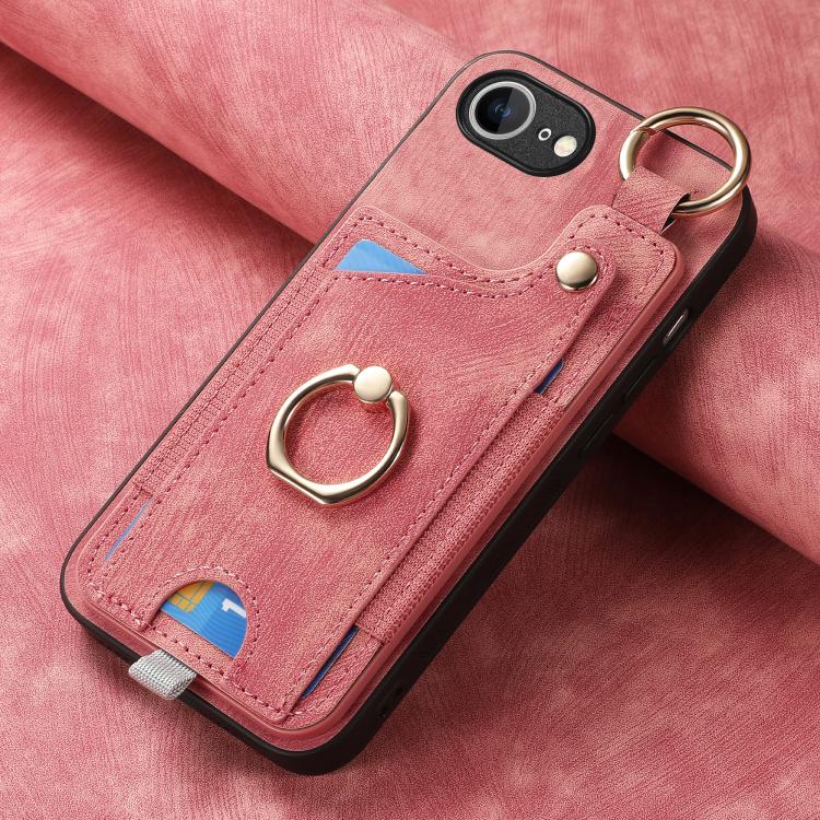 Funda para Teléfono iPhone 16E con Anillo y Tarjetero Estilo Retro con Asa para Colgar (Rosa)