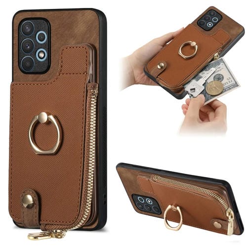 Funda para Teléfono Samsung Galaxy A52 5G con Anillo de Cuero Cruzado, Cremallera Vertical y Billetera Trasera (Marrón)