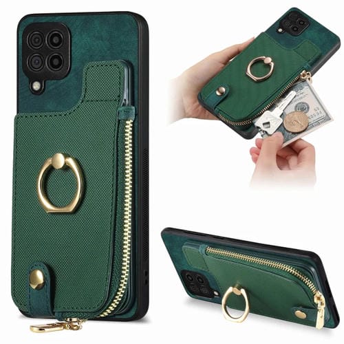 Funda para Teléfono Samsung Galaxy M53 5G con Anillo de Cuero Cruzado Cremallera Vertical y Billetera Trasera (Verde)