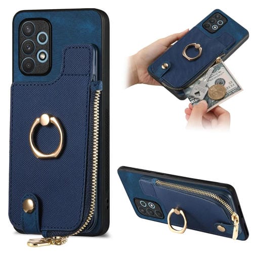 Funda para teléfono Samsung Galaxy A72 4G / 5G con anillo de cuero cruzado, cremallera vertical y billetera trasera (Púrpura)