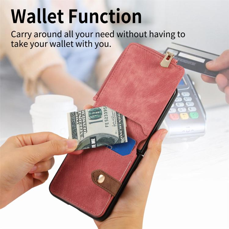 Funda tipo cartera con cremallera vertical y anillo retro para Samsung Galaxy Z Flip 7 5G (rosa)