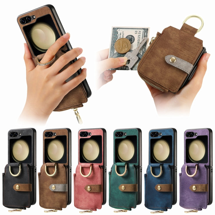 Funda tipo cartera con cremallera vertical y anillo retro para Samsung Galaxy Z Flip 7 5G (negra)